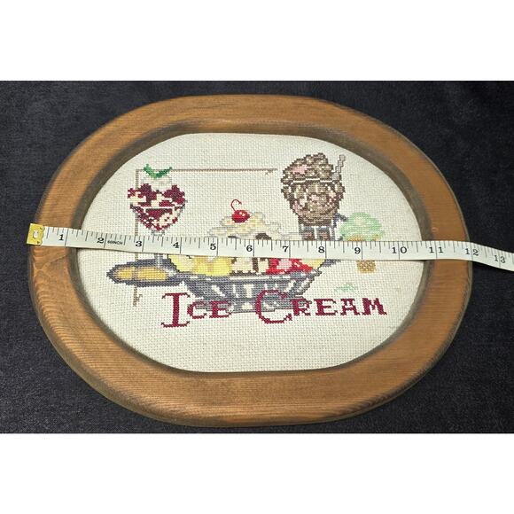 Vintage Hand Made Cross Stitch Ice Cream Inside a Wooden Hangable Frame - Picture 4 of 6
